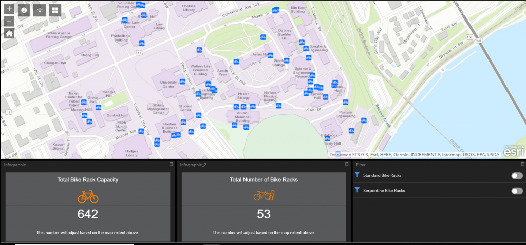 Screen capture of map containing bike racks across UT campus.