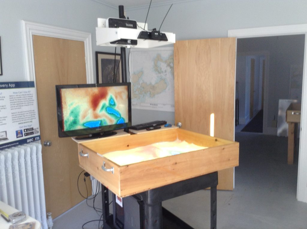 An AR sandbox with a computer monitor attached showing a topography map