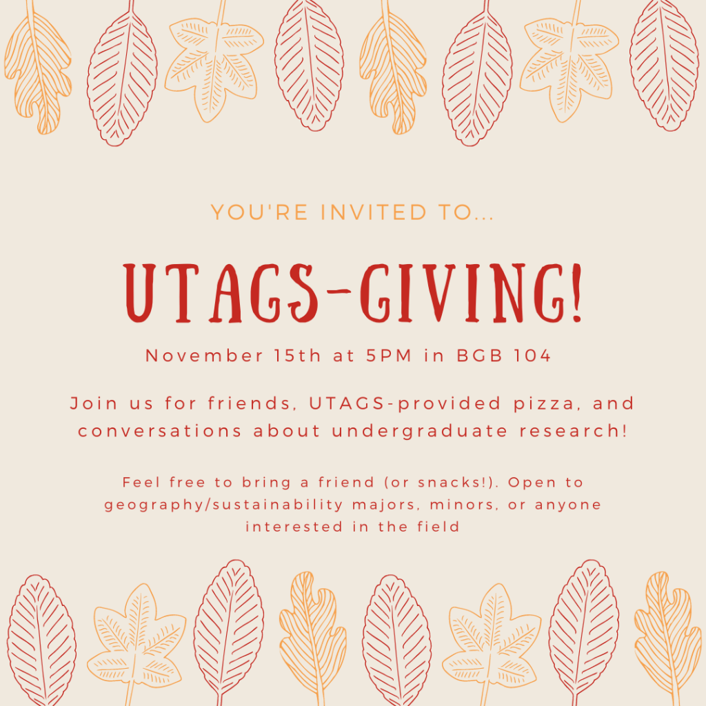 Join us for a UTAGS event focused on undergraduate research opportunities on Monday November 15, 2021 from 4-5 pm ET in BGB 104.