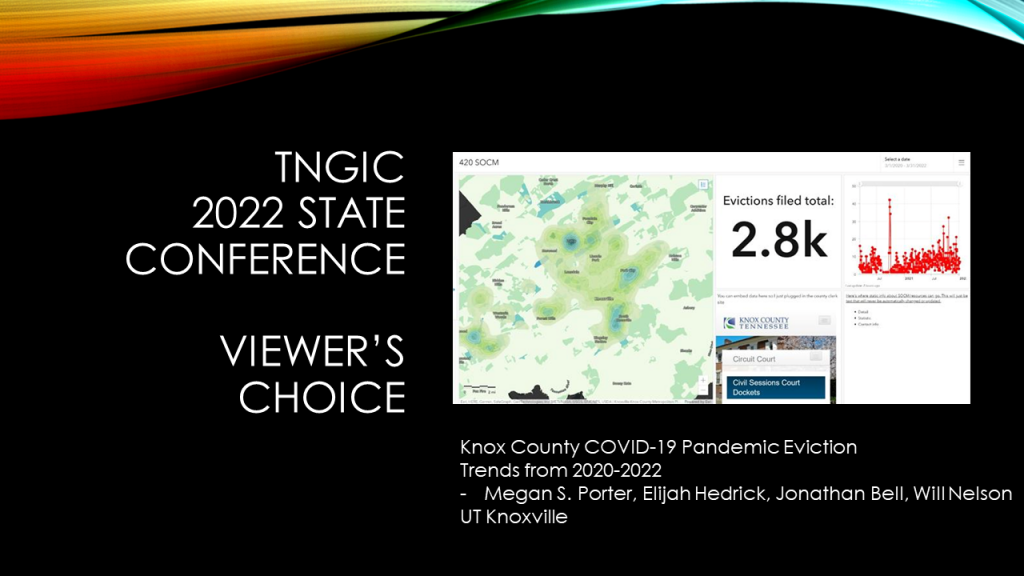 TNGIC 2022 State Conference Viewer's Choice: Knox Count5y COVID-19 Pandemic Eviction Trends from 2020-2022, Megan S. Porter, Elijah Hedrick, Jonathan Bell, Will Nelson, UT Knoxville