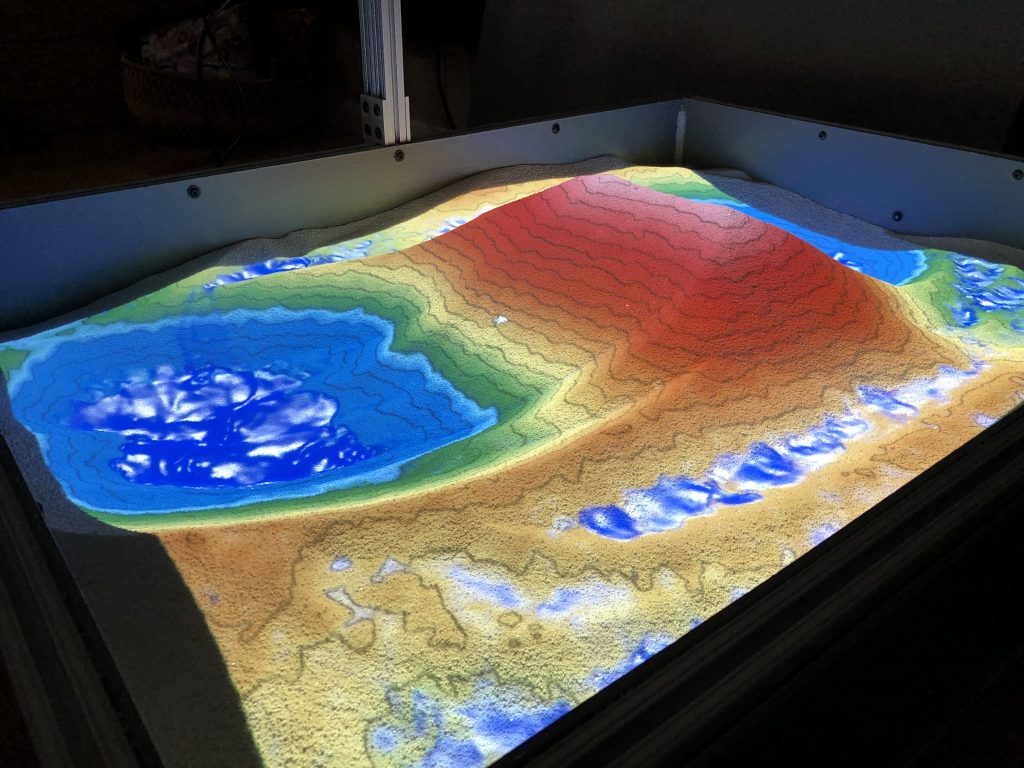 A photo of an AR sandbox for illustrating topography