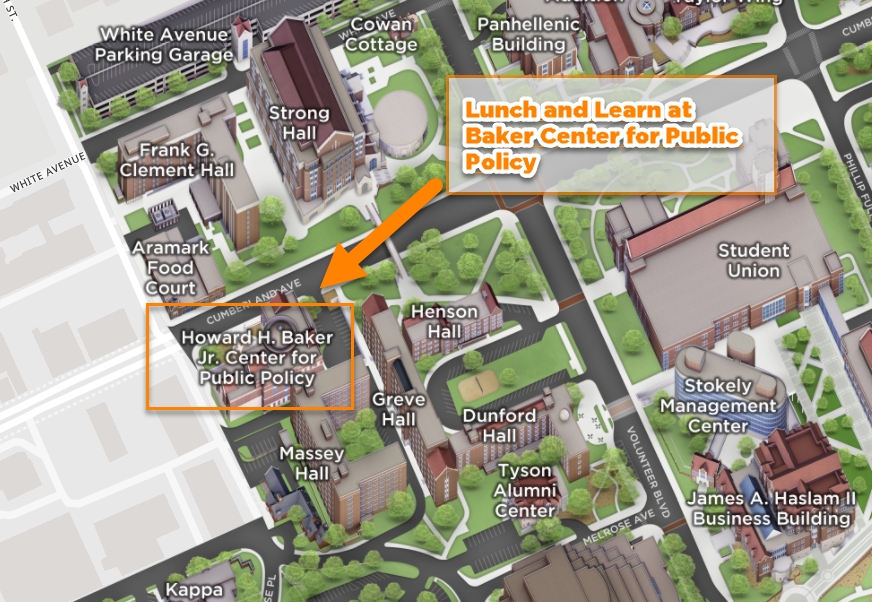 Map showing the Lunch and Learn is at the Baker Center for Public Policy