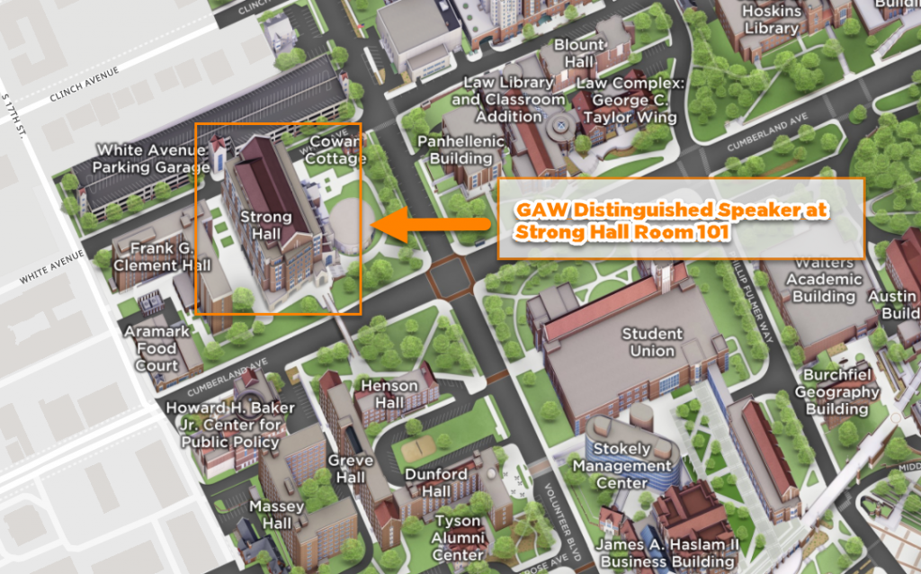 A map pointing to Strong Hall with an orange arrow